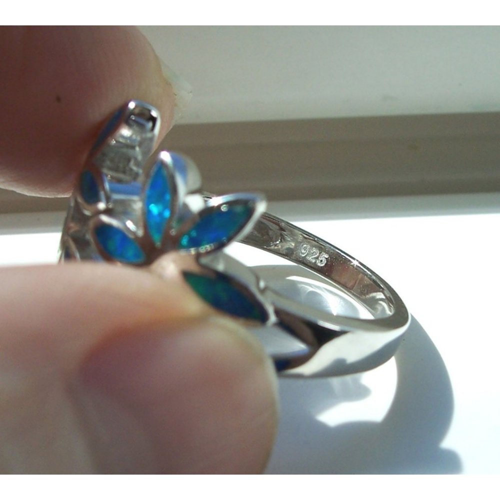 925 STERLING SILVER Lab Created Blue Fire Opal Hawaiian Plumeria Ring - Picture 11 of 16